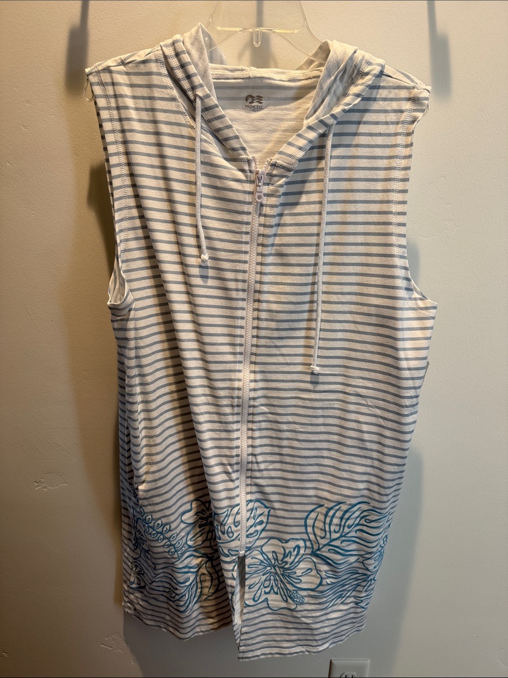 Sleeveless Hooded Zip Tank Top - White with Light Blue Stripes